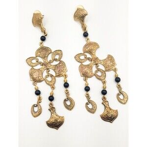 Vintage Moroccan Boho Chandelier Earrings Gold Tone Black Bead Dangle Statement